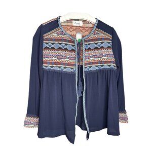 Arianna By Howards Womens Smock Top Tribal Print Navy Open Front Small Medium